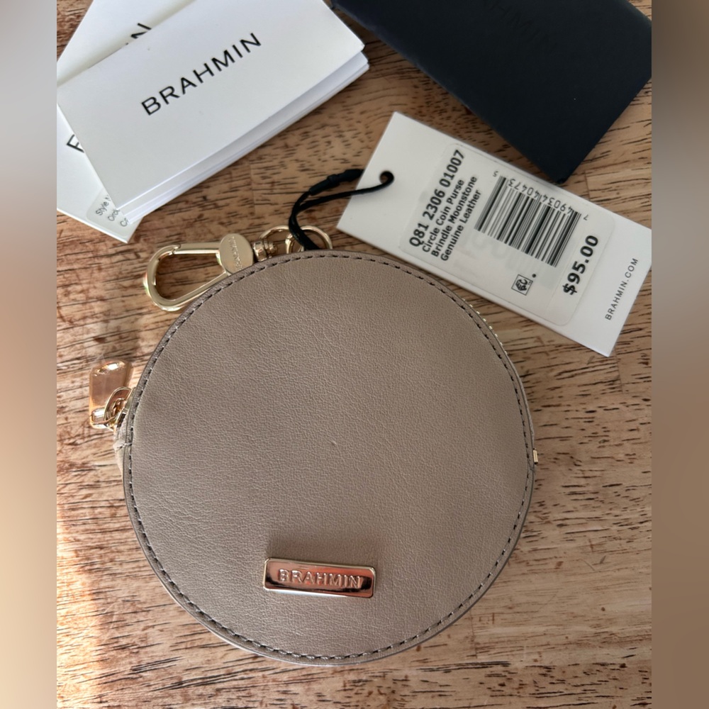Brahmin Taupe Round Leather Coin Case with Gold Hardware